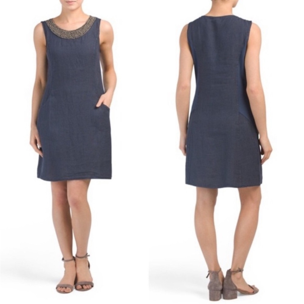 Lina Tomei Made in Italy linen tank shift dress  beaded size S Beach Summer Chic